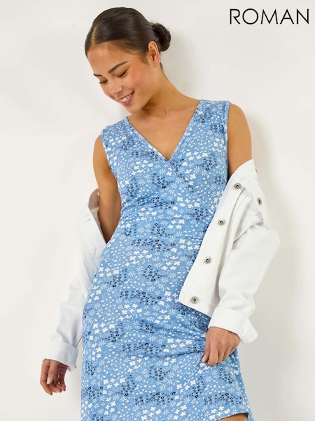 Roman Blue Petite Ditsy Floral Print Wrap Dress (H36179) | £42