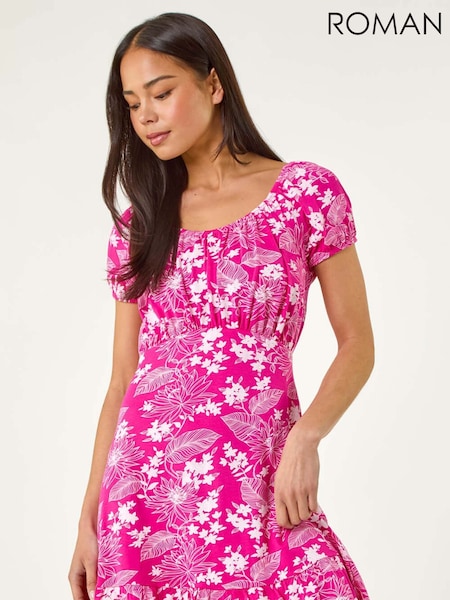 Roman Pink Petite Floral Print Frill Ruched Dress (H36184) | £42