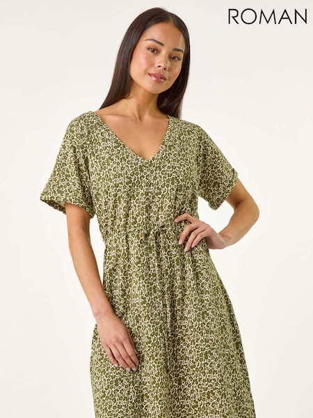 Roman Green Petite Disty Floral Print Tie Waist 100% Cotton Dress (H36185) | £42