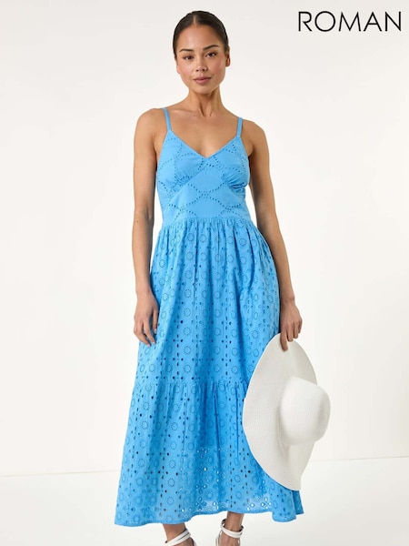 Roman Blue Petite Broderie Strappy 100% Cotton Maxi Dress (H36186) | £55