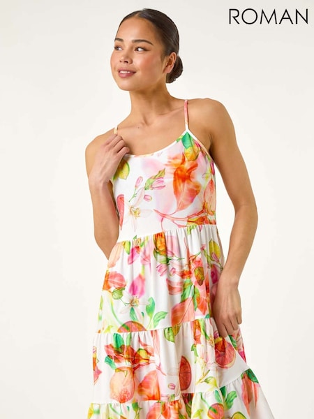 Roman White Petite Fruit Print Strap Tiered Dress (H36191) | £42