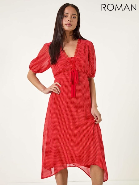 Roman Red Petite Spot Print Lace Bow Midi Dress (H36193) | £65