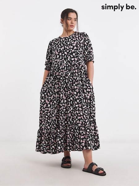 Simply Be Black Supersoft Midi Dress With Tier Detail (H36272) | £36