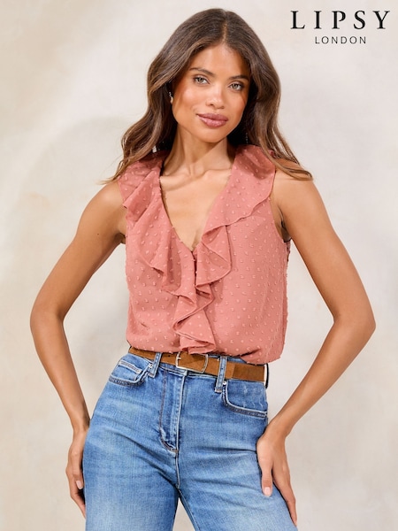 Lipsy Pink Sleeveless Ruffle Dobby Blouse (H36325) | £34