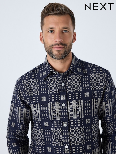 Indigo Blue Jacquard Textured Long Sleeve Shirt (H36376) | £45