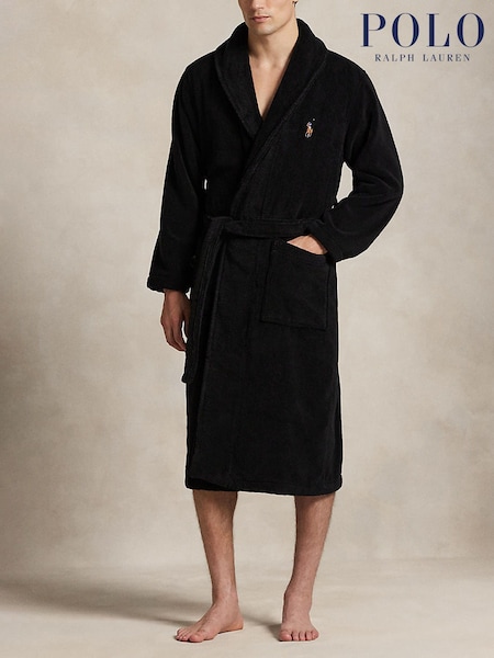 Polo Ralph Lauren Black Martini Bear Print Embroidered Towelling Robe (H36728) | £285
