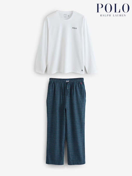 Polo Ralph Lauren White Polo Bear Print Long Sleeve Plaid Pyjamas Set (H36753) | £140