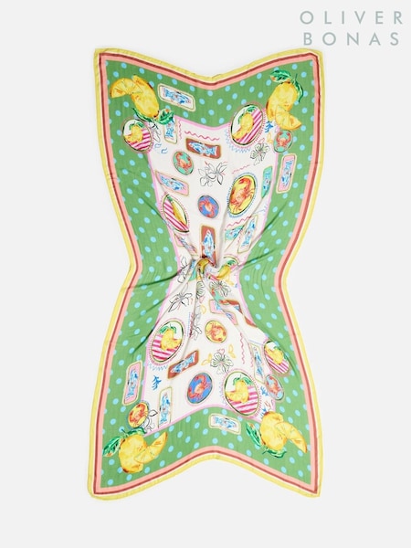 Oliver Bonas Green Summer Stamp Motifs Spot Lightweight Scarf (H37505) | £29.50