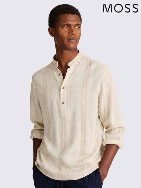 MOSS Natural Grandad Popover Linen Wide Stripe Shirt (H37508) | £60