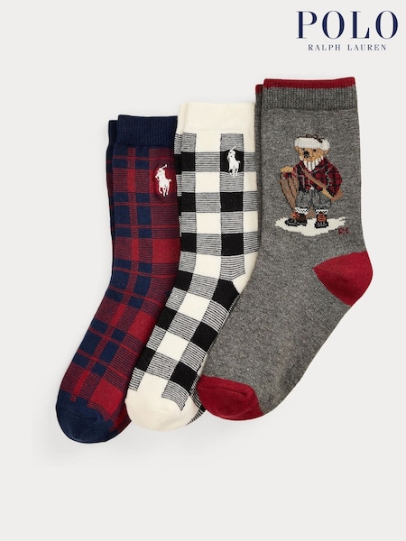 Polo Ralph Lauren Grey Kids Holiday Bear Check Socks 3 Pack (H37577) | £17
