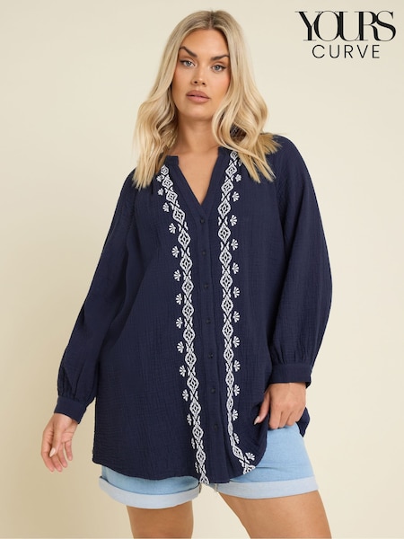 Yours Curve Blue Cheesecloth Embroidered 100% Cotton Top (H37599) | £31