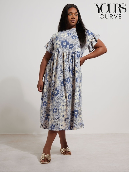 Yours Curve Blue Frilled 100% Cotton Midaxi Dress (H37614) | £31
