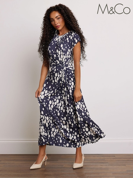 M&Co Navy Blue Spot Twist Petite Midi Dress (H37631) | £47