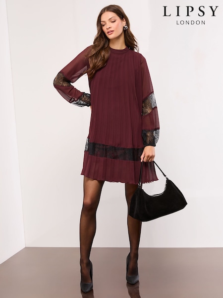 Lipsy Burgundy Red Pleated Lace Detail Mini Dress (H37642) | £62