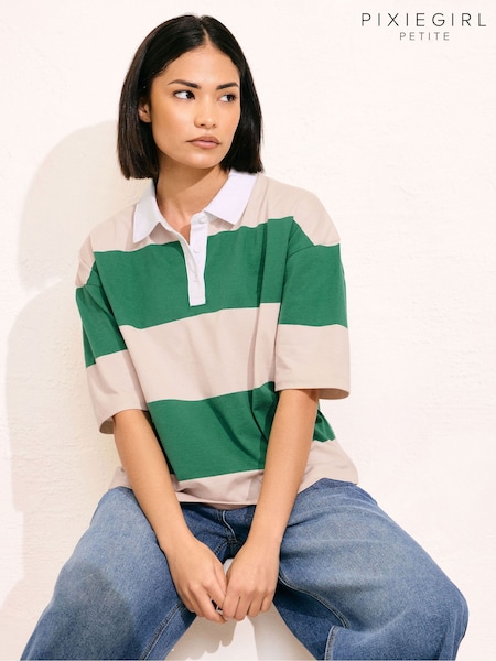 PixieGirl Petite Green Short Sleeve Stripe Rugby 100% Cotton Shirt (H37670) | £22