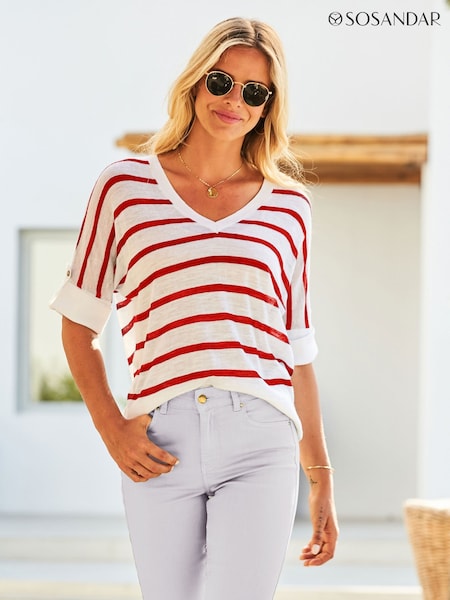 Sosandar Red Striped Tab Sleeve Linen T-Shirt (H37751) | £49