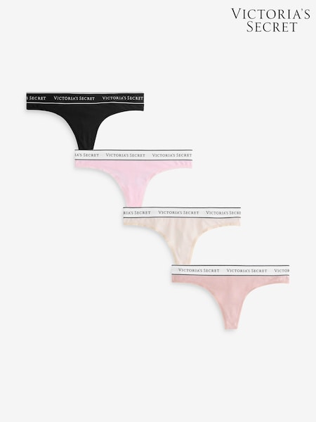 Victoria's Secret Black/Pink/Nude Thong Logo 4 Pack Knickers (H37776) | £20