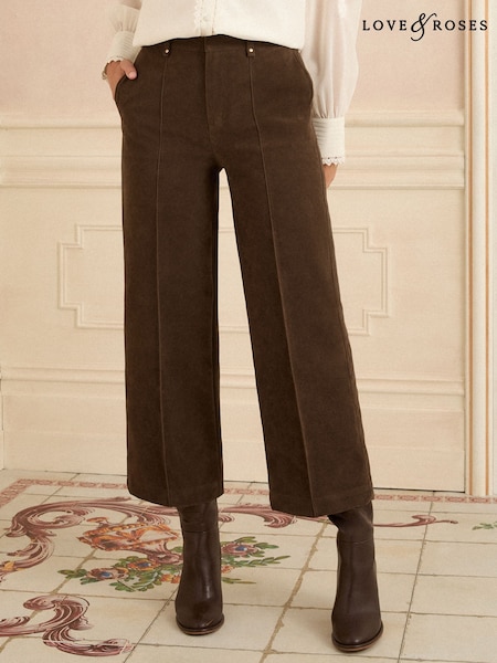 Love & Roses Chocolate Brown Faux Suede Wide Pintuck Crop Trousers (H37933) | £50