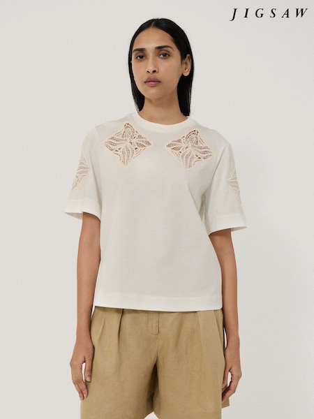 Jigsaw Cream 100% Cotton Embroidered T-Shirt (H37950) | £79