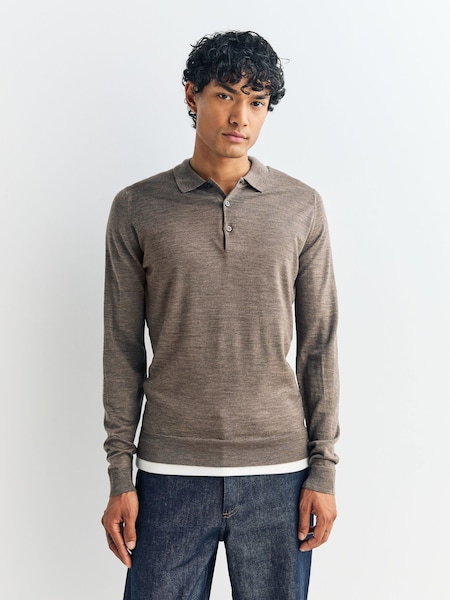 John Smedley Brown Belper Long Sleeve Merino Wool Polo Shirt (H37996) | £245