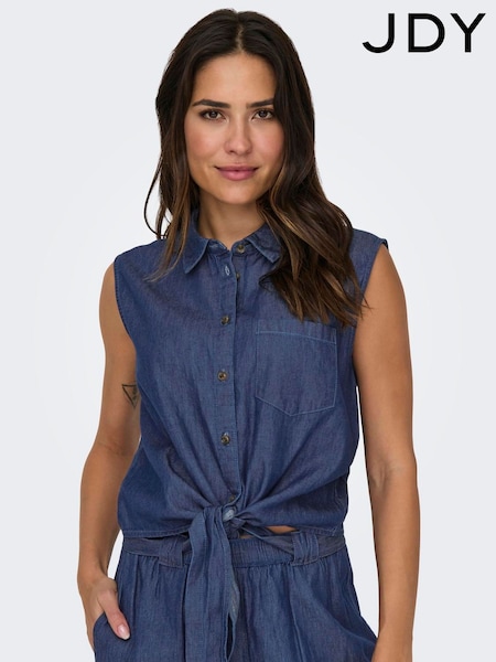 JDY Blue Denim Tie Front Short Sleeve 100% Cotton Blouses (H39066) | £25