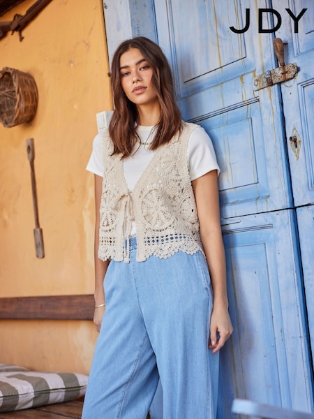 JDY Cream 100% Cotton Tie Front Crochet Vest Top (H39080) | £30