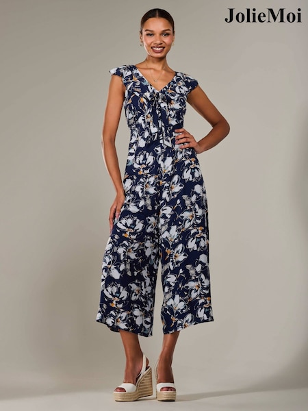 Jolie Moi Blue Frill Tie Front Jumpsuit (H39106) | £69