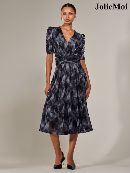 Jolie Moi Grey Ruched Sleeve Mesh Maxi Dress (H39123) | £79