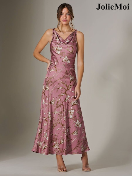 Jolie Moi Pink Twisted Shoulder Cowl Neck Midaxi Dress (H39154) | £72
