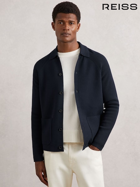 Reiss Navy Blue Fitzgerald Button-Through Ribbed-Sleeve Shirt (H39705) | £158