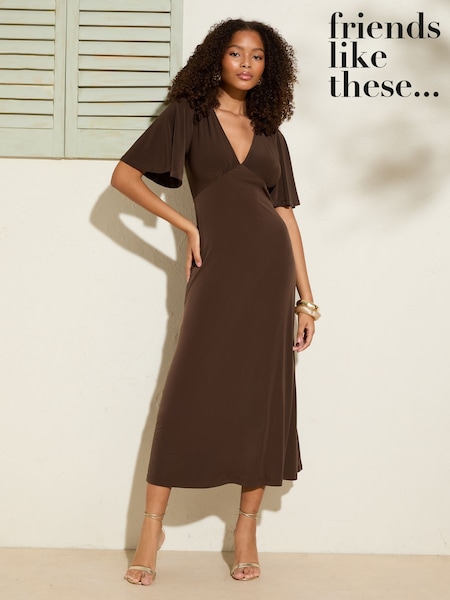 Friends Like These Chocolate Brown V-Neck ITY Flutter Sleeve Midi Dress (H39811) | £39