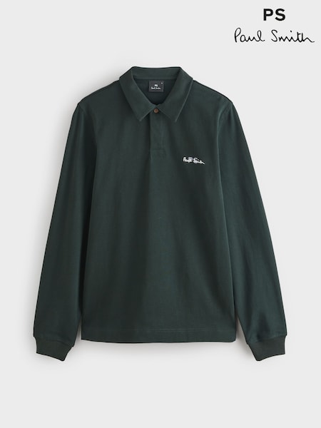 PS Paul Smith Green Regular-Fit Embroidered Logo Long Sleeve Polo Shirt (H39939) | £125