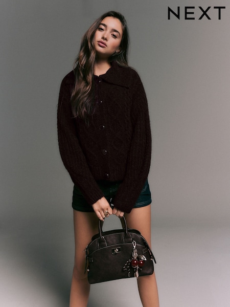 Chocolate Brown Wool Blend Cable Knit Collar Cardigan (H39949) | £42