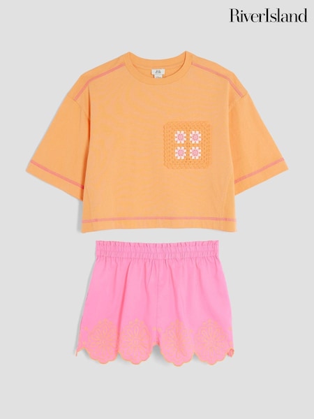 River Island Pink Girls Crochet Pocket Shorts Set (H40058) | £26
