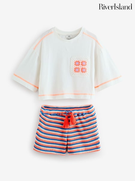 River Island White Girls Crochet Pocket Shorts Set (H40059) | £26