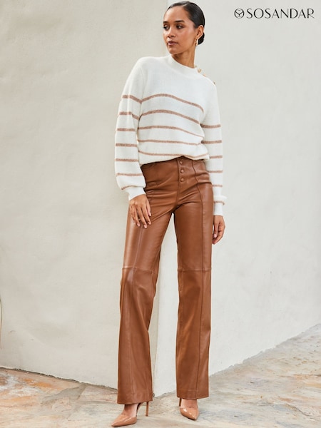 Sosandar Brown Leather Button Front Wide Leg Trousers (H40113) | £185