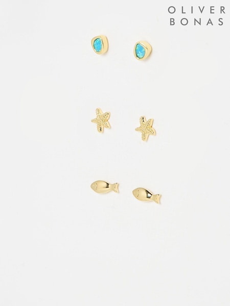 Oliver Bonas Gold Mira Opalite, Fish & Starfish Gold Plated Stud Earrings Pack (H40184) | £48
