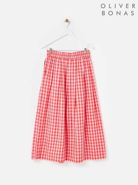 Oliver Bonas Pink Gingham Elasticated Waist 100% Cotton Midi Skirt (H40187) | £65