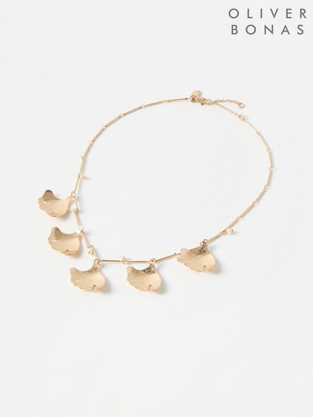 Oliver Bonas Gold Tone Anish Leaf and Mini Faux Pearl Collar Necklace (H40191) | £29.50