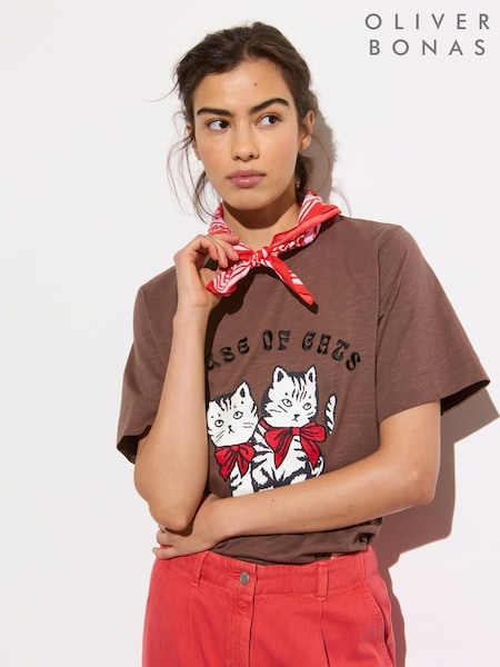 Oliver Bonas Brown House of Cats Graphic Print 100%  Cotton T-Shirt (H40197) | £32
