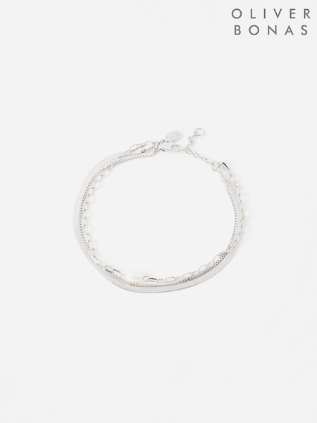 Oliver Bonas Silver Tone Rosalind Layered Coloured Freshwater Pearl Anklet (H40200) | £26