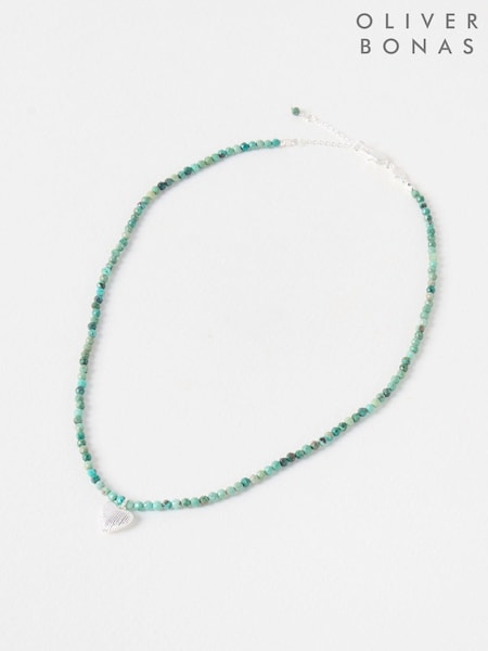 Oliver Bonas Blue Hestia Beaded Turquoise Silver Plated Heart Pendant Necklace (H40203) | £55