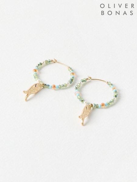 Oliver Bonas Green Doris Fish Charm Beaded Hoop Earrings (H40208) | £22