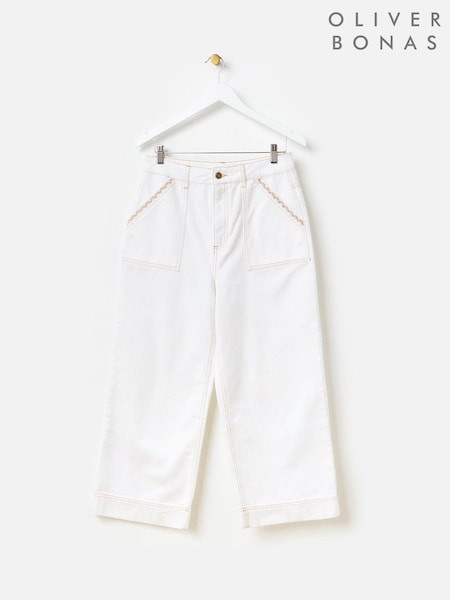 Oliver Bonas White Denim Scallop Stitch Cropped Wide Leg 100% Cotton Jeans (H40217) | £70