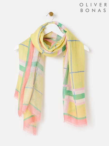 Oliver Bonas Yellow Checked Linen Blend Lightweight Scarf (H40222) | £35