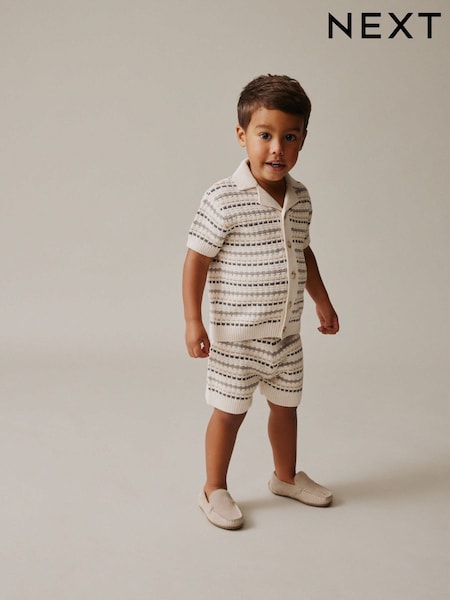 Neutral Textured Revere Collar Knitted Polo Shirt and Shorts Set (3mths-10yrs) (H40386) | £20 - £24