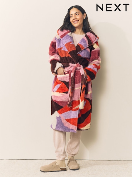 Orange Abstract Scene Print Teddy Borg Dressing Gown (H40549) | £35