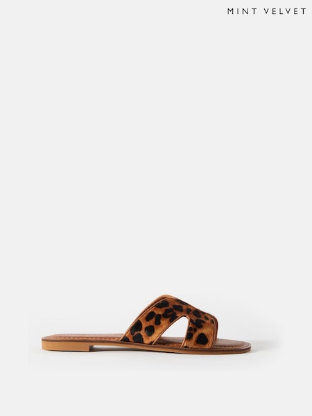 Mint Velvet Brown Leopard Print Textured Sandals (H40661) | £99