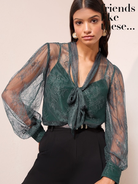 Friends Like These Teal Lace Blouse with Tie Neck Detail (H40675) | £40