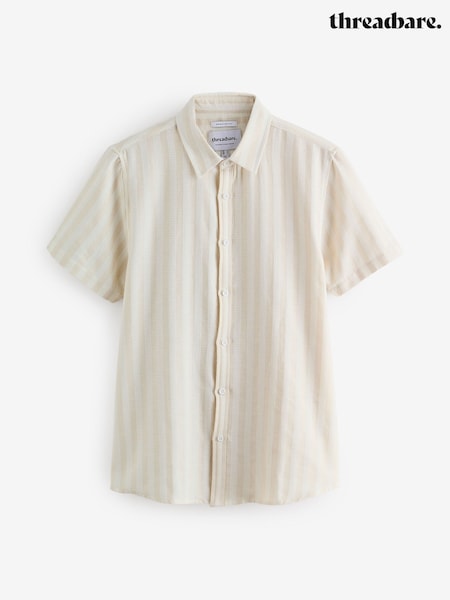Threadbare Cream Textured Stripe Short Sleeve 100% Cotton Shirt (H40729) | £24